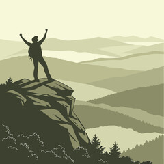 Silhouette of a hiker with backpack celebrating on a mountain peak overlooking layered mountain ranges