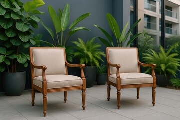 Relaxing with chairs and plants in a cool environment