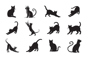 Collection of Various Black Cat silhouettes in Different Poses isolated on white background