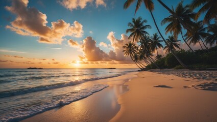 Serene coastal retreat with sunset hues and lush palm silhouettes, perfect for relaxing getaways
