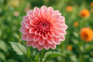 Stunning pink dahlia blooming in a lush garden