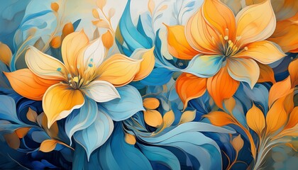 Obraz premium light blue orange and yellow flowers are blooming in a whimsical and colorful abstract painting