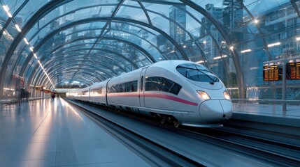 Obraz premium High-Speed Train Journey: A streamlined high-speed train glides effortlessly through a modern railway station, its sleek design hinting at speed and technological advancement.