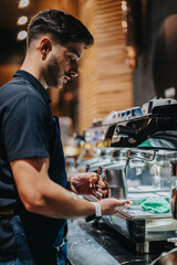 A barista is carefully steaming milk while operating an espresso machine in a modern cafe setting, creating a warm and inviting atmosphere.