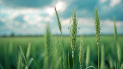 Out-of-focus photo of a lush grass plant against a sky filled with clouds