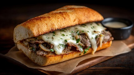 A cheesesteak sandwich with provolone and onions.