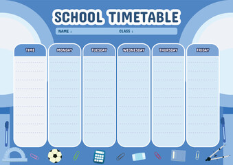 School Timetable with Learning Tools. Featuring School Supplies on blue background concept.