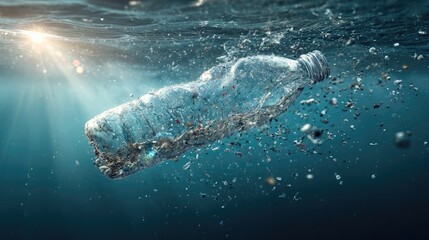 Pollution in Ocean: A transparent plastic bottle floats submerged in the ocean, with sunlight filtering through the water.