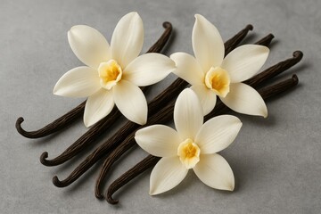 Elegant vanilla blossoms and pods against a neutral backdrop