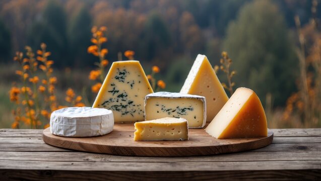 A selection of organic cheeses displayed on a rustic wooden surface with a natural outdoor setting in the background, highlighting calcium and mineral-rich health foods.