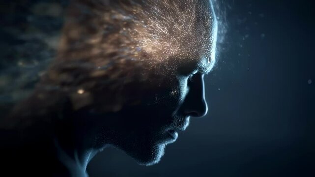 Particles and light effects emanate from a man's head, visualizing a psychotic break and disconnection from reality, offering a symbolic representation of mental health struggles