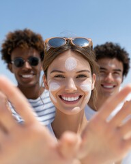 Obraz premium eco-friendly sunscreen lotion marine safe Three friends enjoying a sunny day at the beach with sunscreen applied, smiling and making fun poses for the camera.