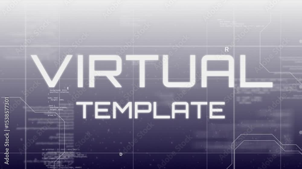 Poster animating white block text forming virtual template on blue grid, with floating code, circuit lines