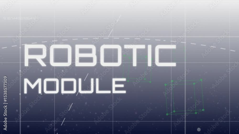 Poster starting with sweeping dashed arc, title text morphing into robotic module on hud with 3d cube
