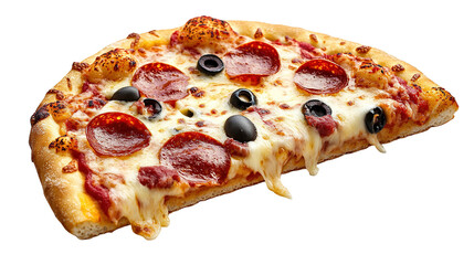 Delicious vegetarian pizza with champignon mushrooms, tomatoes, mozzarella, peppers and black olives, isolated on white background