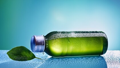 eco friendly water bottle with leaf and water droplets on surface