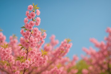 Pink flowers blooming under a clear blue sky