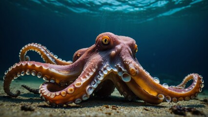 Octopus Resting on the Ocean Floor with Sunlit Surface Above