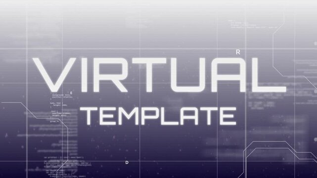 Animating white block text forming VIRTUAL TEMPLATE on blue grid, with floating code, circuit lines