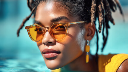 Stylish Black woman with dreadlocks and yellow sunglasses in pool at resort. Concept of self-expression, individuality, and summer leisure