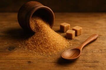 Sweet brown sugar displayed on a rustic wooden surface