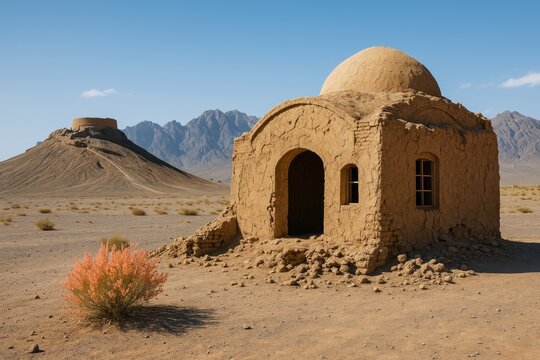 Blurry scene of an ancient Zoroastrian temple and abandoned building in Iran close to Yazd