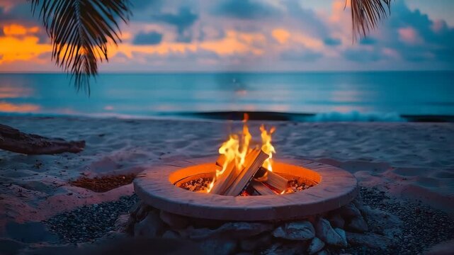 Peaceful beach sunset with a cozy firepit surrounded by swaying palms