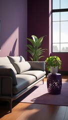 Living Room Interior with Stylish Sofa, Houseplant, and Purple Accent Wall in Natural Light