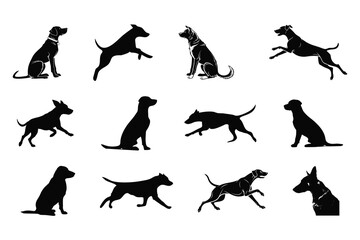 Collection of Black Dog silhouettes in various poses isolated on white background