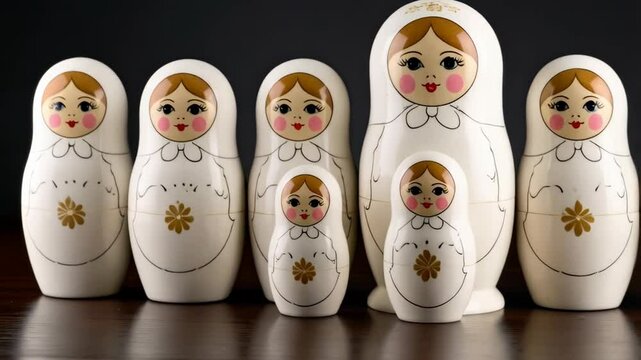 Traditional nesting dolls lined on dark wood. Hand painted matryoshka dolls with simplistic floral patterns and glossy finish. Russian dolls of graduating sizes.