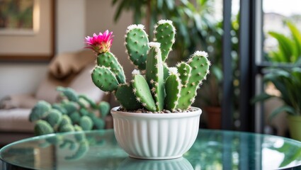 Succulent plant in a white container placed on a transparent surface