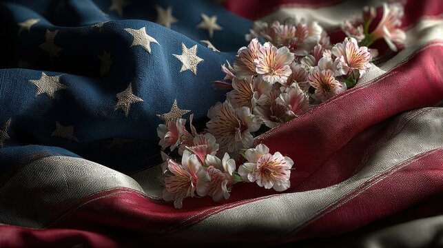 American flag draped elegantly with cherry blossom flowers creating a striking patriotic display