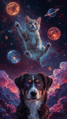 Cats and space dogs floating between planets