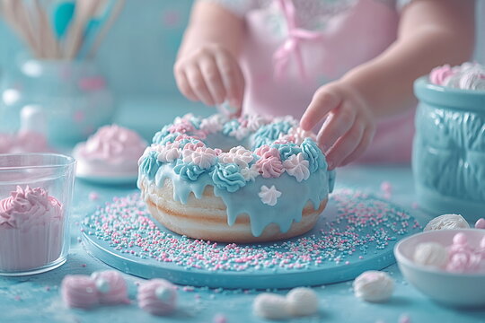 A child carefully decorates a big donut with pastel blue icing and colorful sprinkles, surrounded by various sweets in a cheerful kitchen environment