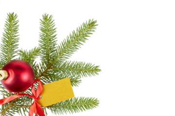 christmas tree twigs with golden gift tag, red ribbon bow and red xmas glass ball in corner, festive border frame isolated on white or transparent png