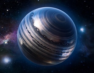 a metallic planet with a liquid mercury surface reflecting a kaleidoscope of nearby nebulae and distant stars in a serene space backdrop