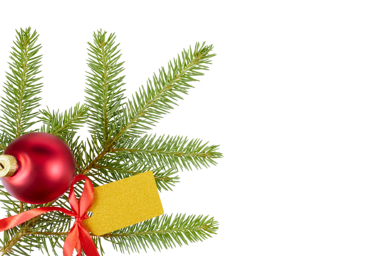 christmas tree twigs with golden gift tag, red ribbon bow and red xmas glass ball in corner, festive border frame isolated on white or transparent png