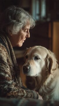 An elderly woman lovingly kisses her golden retriever, showcasing a warm moment of companionship and affection. Animal bonding.  