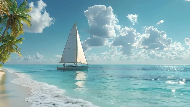 Tranquil beach with a sailboat anchored near the shore framed by swaying palm trees and turquoise waters