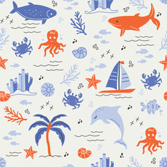 Obraz premium summer atmosphere. seamless pattern with cute design. Handmade, simple abstract drawing, sea, waves, fish, palm, star, plants. Naive children's art, vector illustration in minimalism style