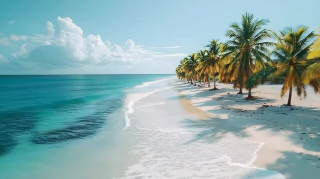 Tranquil tropical island beach with swaying palm trees and gentle waves