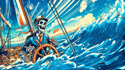 A vibrant comic-style illustration of a smiling skeleton captain steering a sailboat through giant waves under a dramatic sky, symbolizing fearless leadership, humor, and nautical adventure.