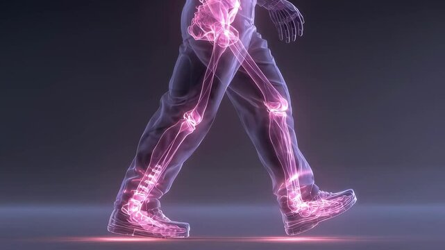 Human anatomy visualization highlighting skeletal system during walking motion, revealing bone structure and joint mechanics in transparent medical animation