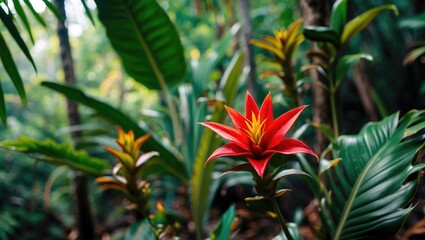 Stunning bromelia blossom thriving in lush jungle environment