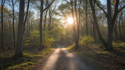 Obraz premium A serene pathway through a forest with sunlight filtering overhead