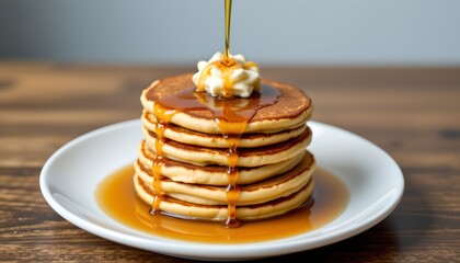 a plate of pancakes topped with syrup, suggesting a breakfast setting