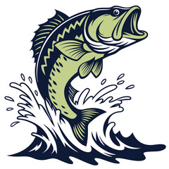 Largemouth Bass Jumping Out of Water Vector Illustration