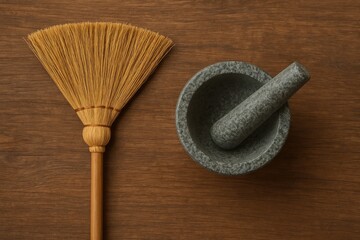Wooden Surface with a Broom Handle and a Mortar Stone
