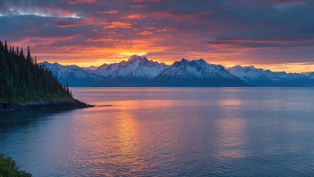 Sunset over a remote Alaskan island - Powered by Adobe