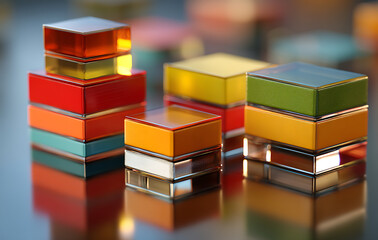 Colorful Glass Cubes Stacked on Reflective Surface